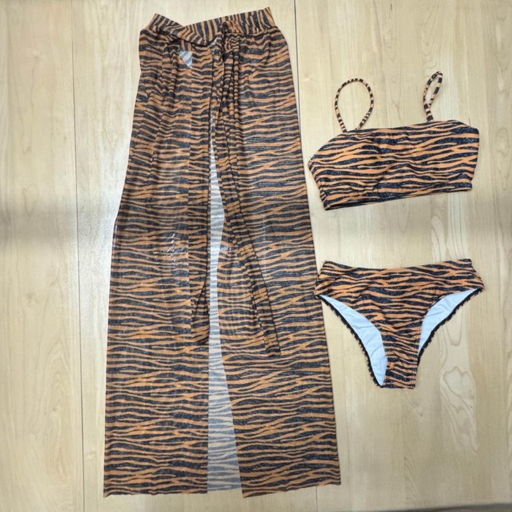 Tiger print bikini with skirt sarong